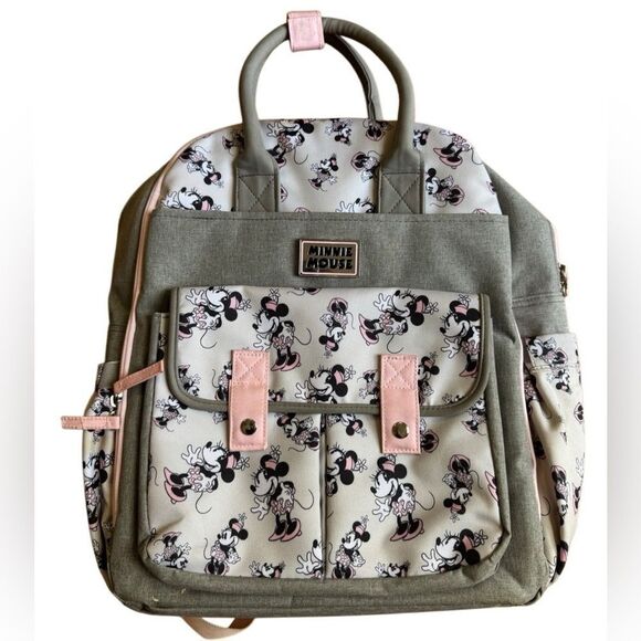 Disney Baby Minnie Mouse Multi-Pocket Diaper Bag Backpack- Grey and Pink - Picture 12 of 13